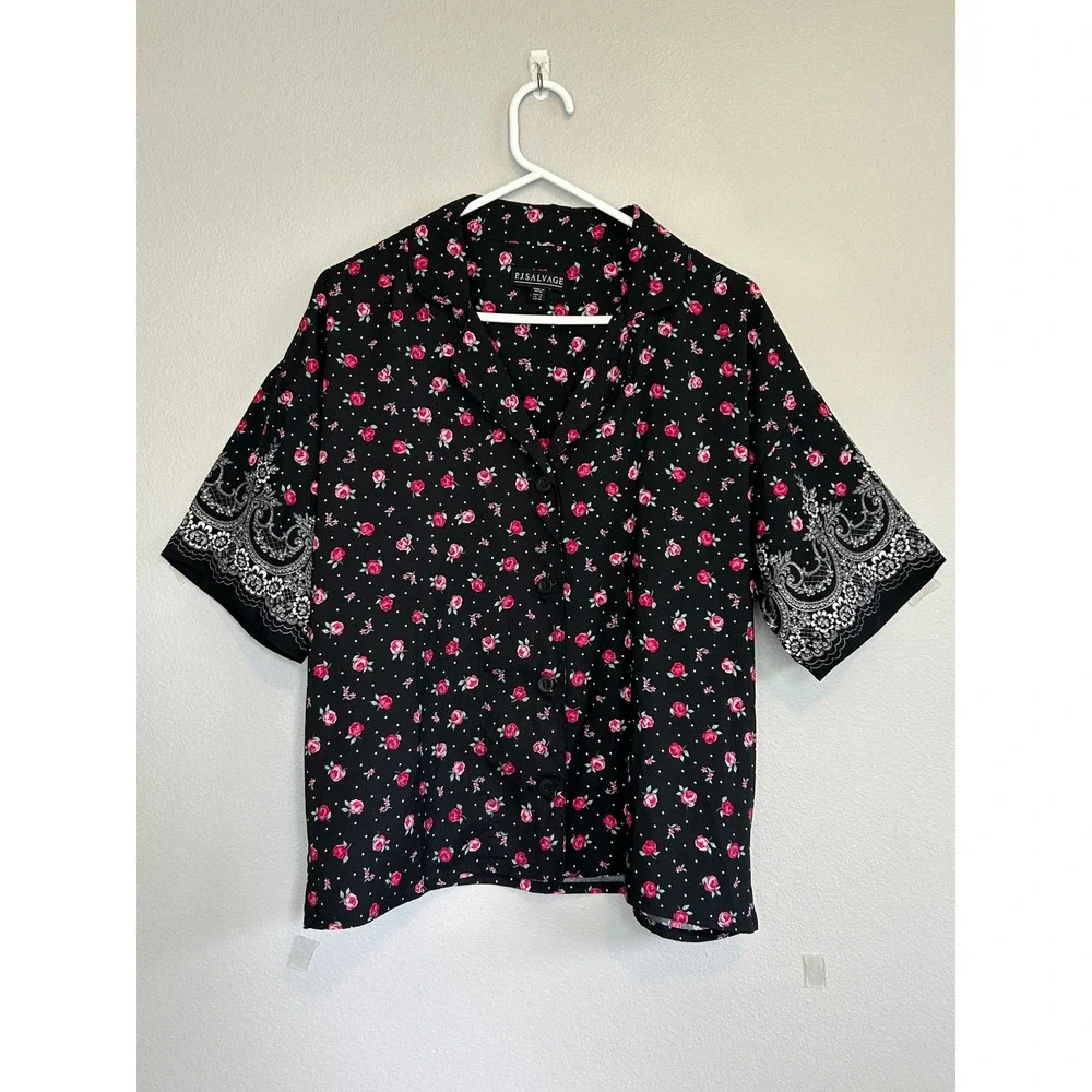 PJ Salvage Rose Print Pajama Set Nightgown & Button Front Sleep Shirt Women M